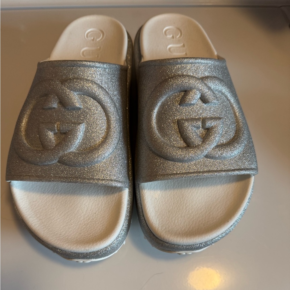 Gucci Metallic Silver Slide Sandals